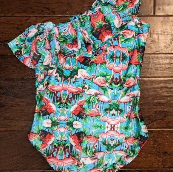 Alcatraz Pink Flamingo Double Layered One Shoulder Swimsuit - Picture 2 of 2